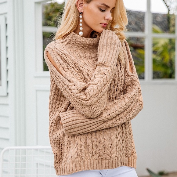 Cold Shoulder Cable Knit Mock Neck Knit Sweater - Picture 3 of 5